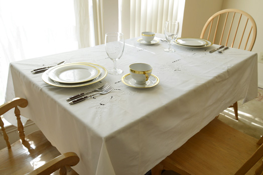 Small Hand Embroidered Tablecloth, Tiffany, White, 52x68".